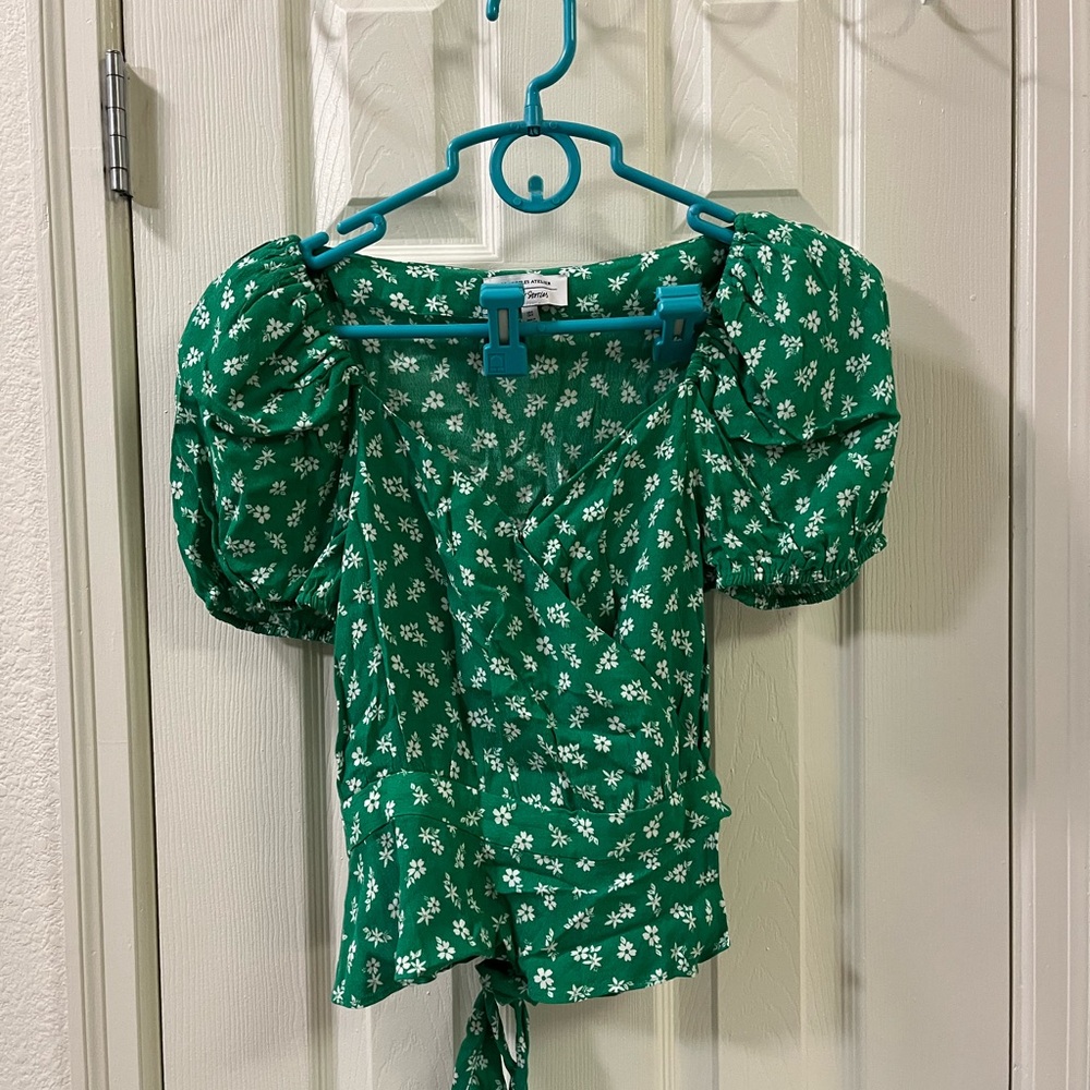 & Other Stories Green Floral Blouse with Puff Sleeves
